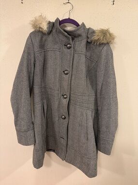 Esprit Gray Herringbone Wool-Blend Coat with Faux Fur Trim